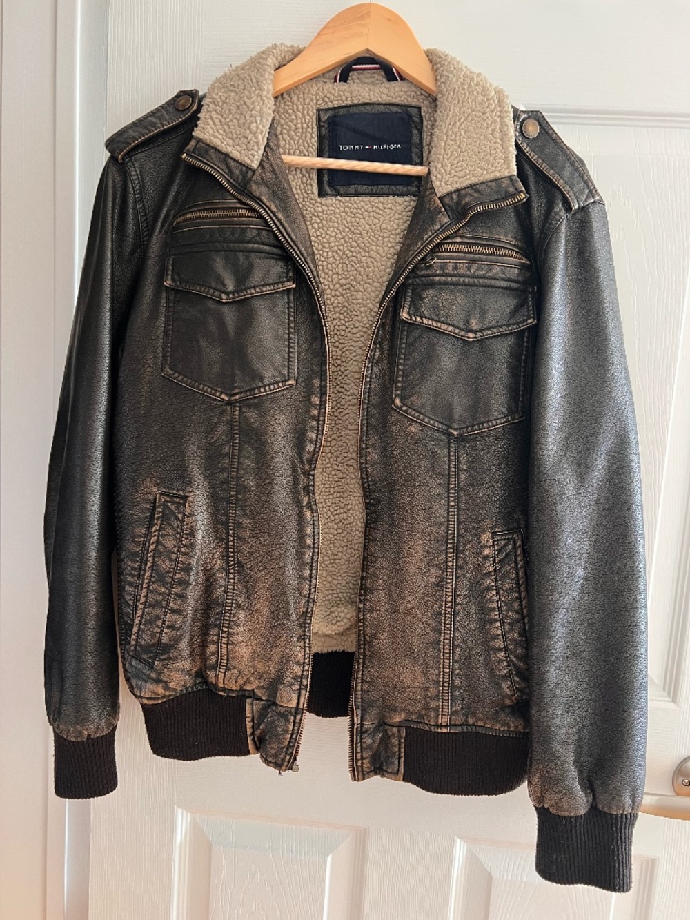 Vintage Style Brown Faux Leather Sherpa Lined Jacket Tommy Hilfiger